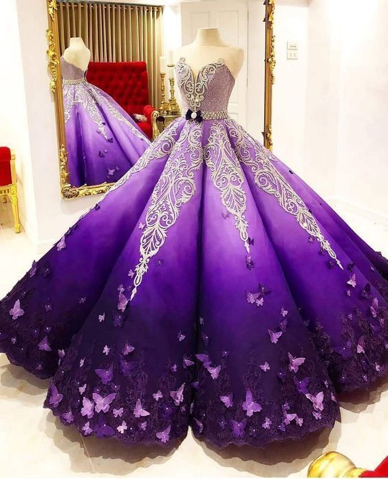 Strapless Butterfly Quinceanera Dress Ombre Purple Ball Gown, Long Prom Dress  S11280
