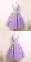 Attraktives Homecoming-Kleid mit Applikationen, lila, Tüll, Spitzenapplikationen, A-Linie, kurzes Homecoming-Kleid S10571