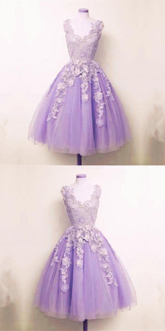 Attraktives Homecoming-Kleid mit Applikationen, lila, Tüll, Spitzenapplikationen, A-Linie, kurzes Homecoming-Kleid S10571