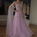 2025 pink Beaded Spaghetti Strap Design A-Line Evening Dresses Gowns with Cape Sleeves for Formal Occasion LA72726