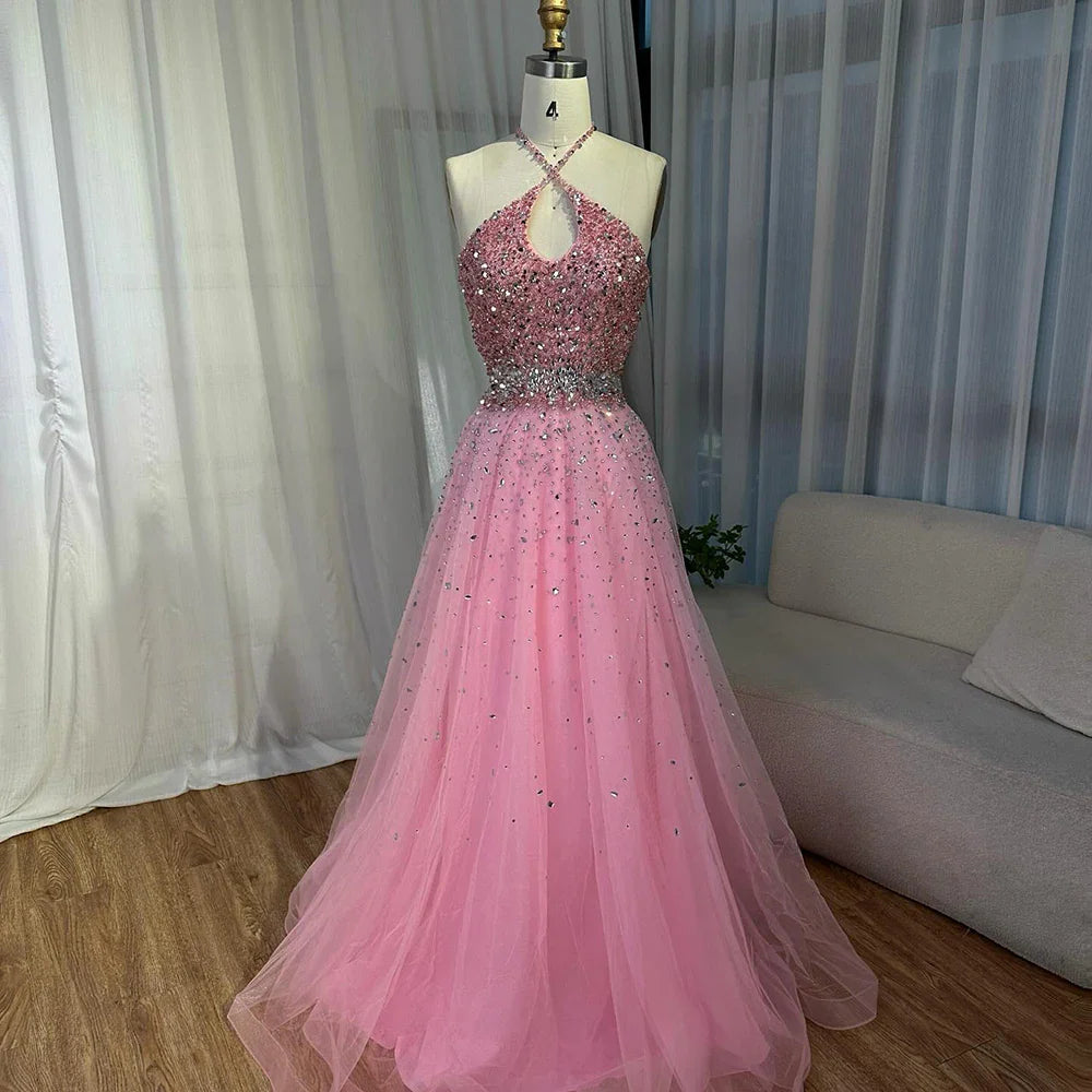 2025 Saudi Arabic Caramel Halter Beaded Tulle A-Line Evening Gown LA72863