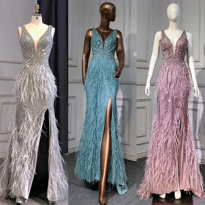 Vestido de noche dorado sexy de sirena con abertura alta, sin espalda, de lujo, con cuentas y plumas, 2025, para mujer, fiesta LA71583 