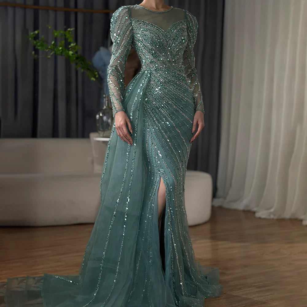 2025 Arabic Turquoise Mermaid Split Beaded Luxury Dubai Long Evening Dresses Gowns for Women Wedding Party LA72448