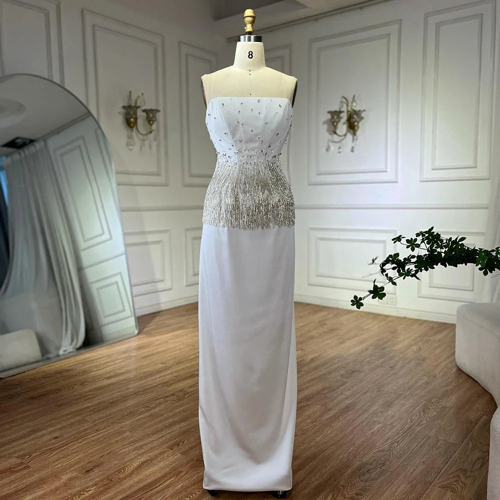 2025 Saudi Nude Pink Strapless Arabic Mermaid Evening Dresses Gowns Beaded Tassel for Occasion LA72804