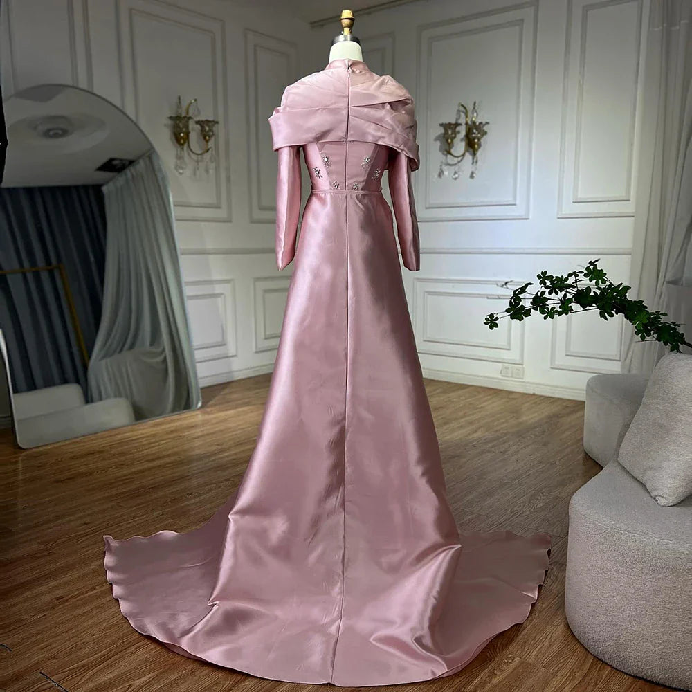 2025 Muslim Blue Mermaid Beaded Satin Luxury Saudi Evening Dress Gown Overlay Skirt for Formal Occasion LA72414M