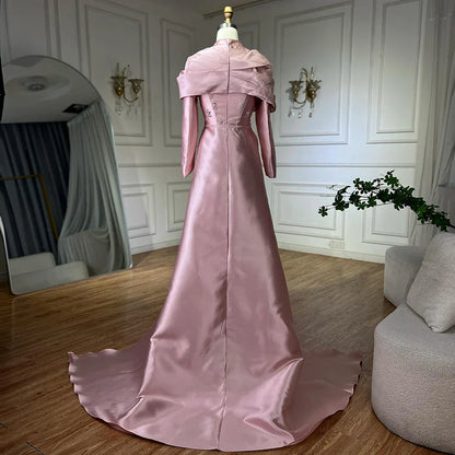 2025 Muslim Blue Mermaid Beaded Satin Luxury Saudi Evening Dress Gown Overlay Skirt for Formal Occasion LA72414M