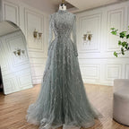 Elegante vestido de noche musulmán azul con cuentas y corte en A, de lujo, estilo Dubái, para mujer, para boda, fiesta, 2025, LA72302A 