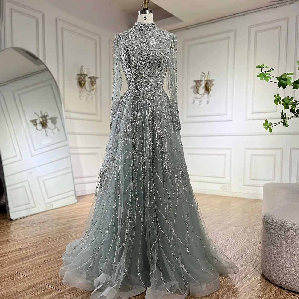 Elegante vestido de noche musulmán azul con cuentas y corte en A, de lujo, estilo Dubái, para mujer, para boda, fiesta, 2025, LA72302A 