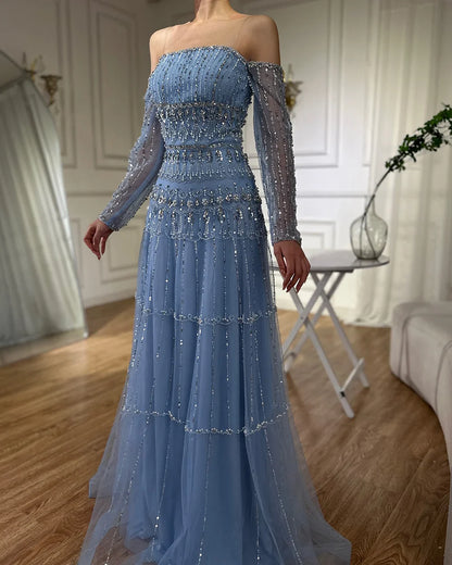 Vestido de noche de lujo estilo sirena, verde salvia, árabe, de Dubái, sin tirantes y con cuentas, para mujer, para boda 2025, LA72350 