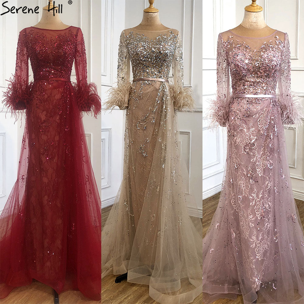 Abendkleid Langes Weinrotes Meerjungfrauenkleid Perlenfedern Mit Umhang Partykleid Damen Party LA70827 