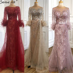 Abendkleid Langes Weinrotes Meerjungfrauenkleid Perlenfedern Mit Umhang Partykleid Damen Party LA70827 