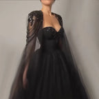 Arabisch Schwarz Elegante Cape Sleeve A-linie Perlen Lace Up Abendkleider Kleider Für Frauen Hochzeit Party 2025 LA72392 