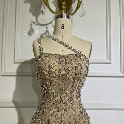 Elegante vestido de noche color piel, con un solo hombro y cuentas, para ocasiones formales 2025 LA72791 