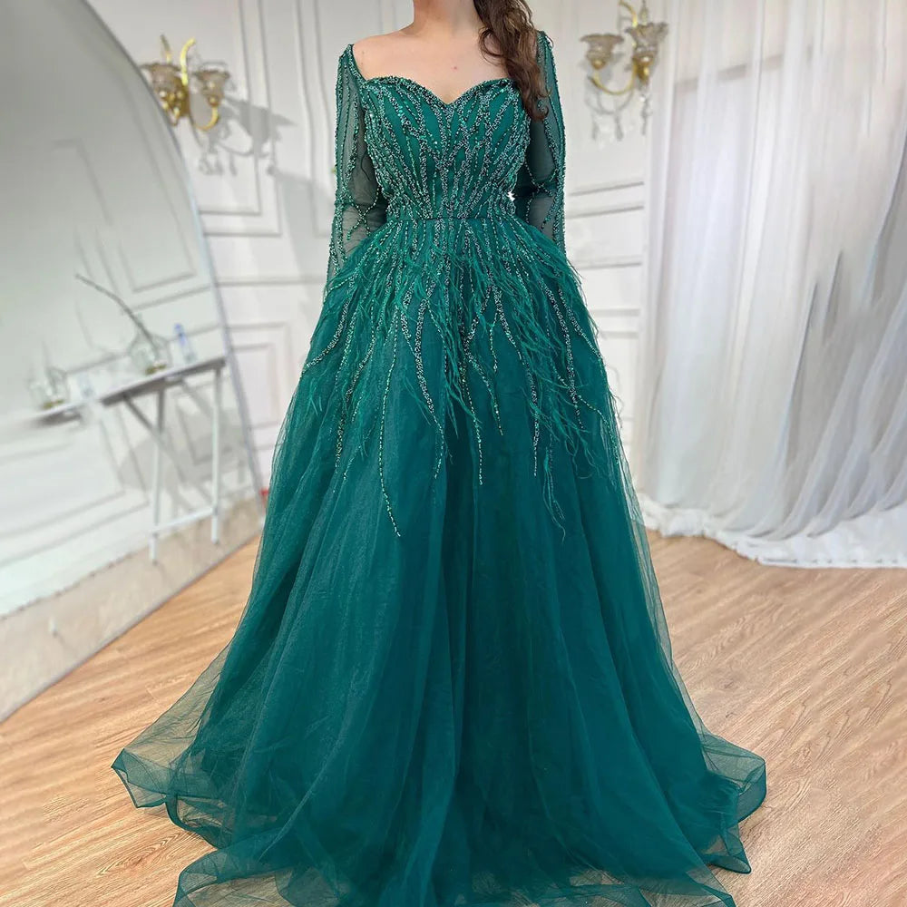 Vestido de noche árabe de lujo con cuentas y plumas, hecho a mano, 2025 LA71468