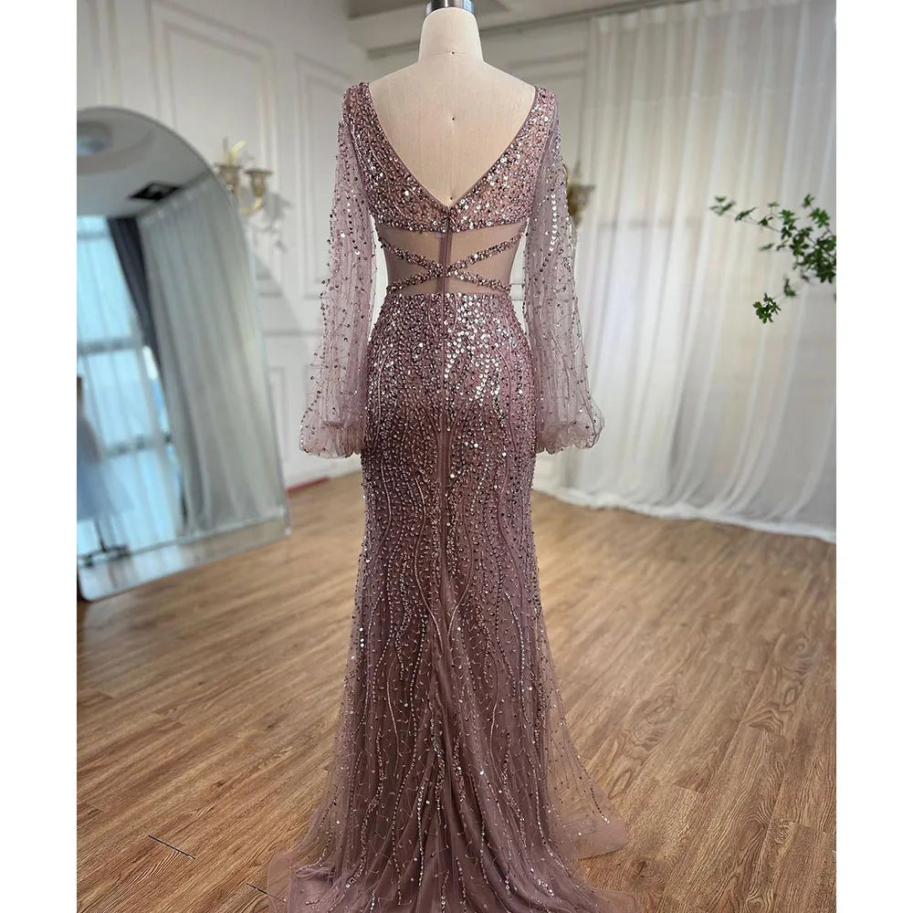 Sexy Mint Mermaid Elegante V-ausschnitt Perlen Luxus Arabisch Shiny Abendkleider Kleider Für Frauen Party 2025 LA71784 