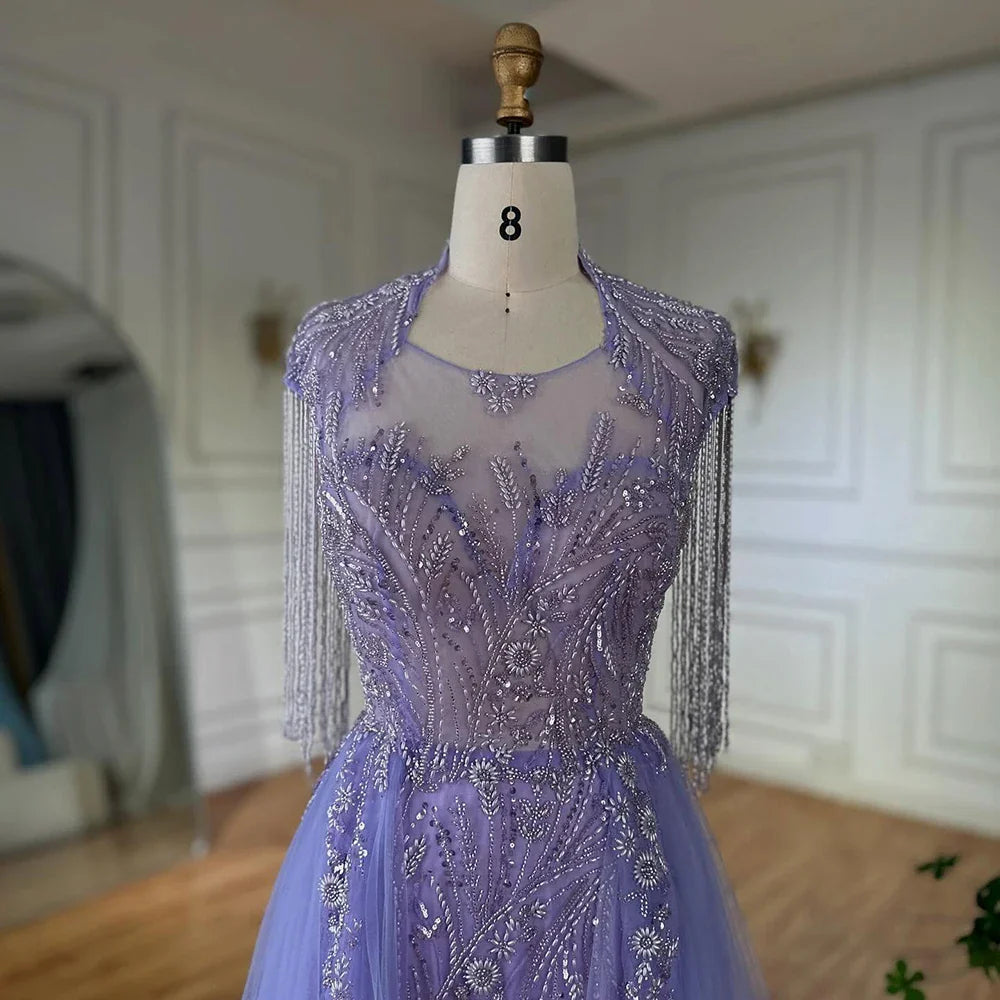 2025 Arabic lilac Elegant A Line Beaded Tassel Luxury Dubai Evening Dresses Gowns for Woman Wedding Party LA72422
