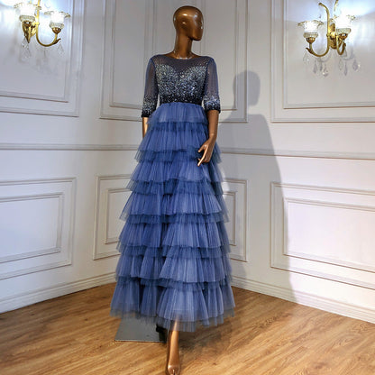 Vestido de fiesta de boda azul con gradas 2025 Kralen Half Mouwen A-lijn para fiesta de boda LA71553 