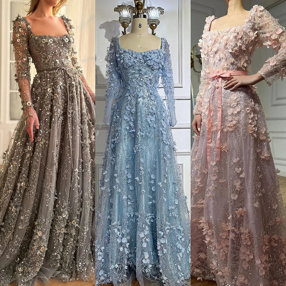Arabisch Grau A-Linie Elegante Applikationen Luxus Perlen Abendkleider für Frauen Hochzeit Party LA72657 