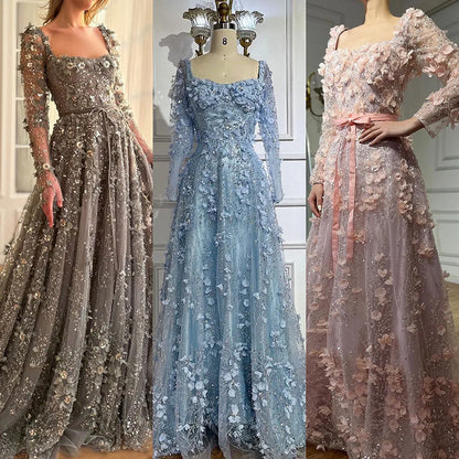 Arabisch Grau A-Linie Elegante Applikationen Luxus Perlen Abendkleider für Frauen Hochzeit Party LA72657 