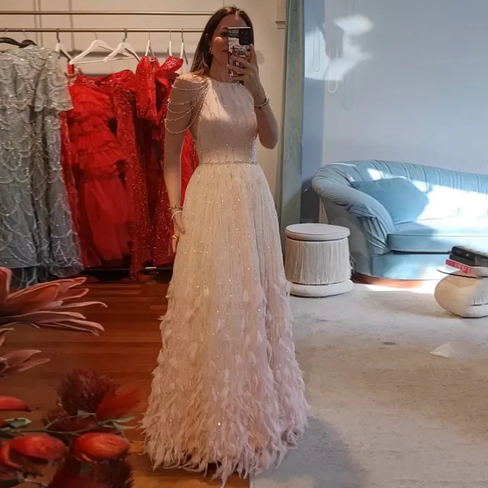 2025 Saudi Luxury Pink Feathers A Line Arabic Beaded Evening Dress Gown for Formal Occasion LA72721