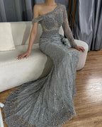 Zum Verkauf, keine Rückgabe, keine Rückerstattung, graue One-Shoulder-Luxus-Abendkleider 2025, Perlen, Meerjungfrau, elegant für Frauen, Party LA71622 