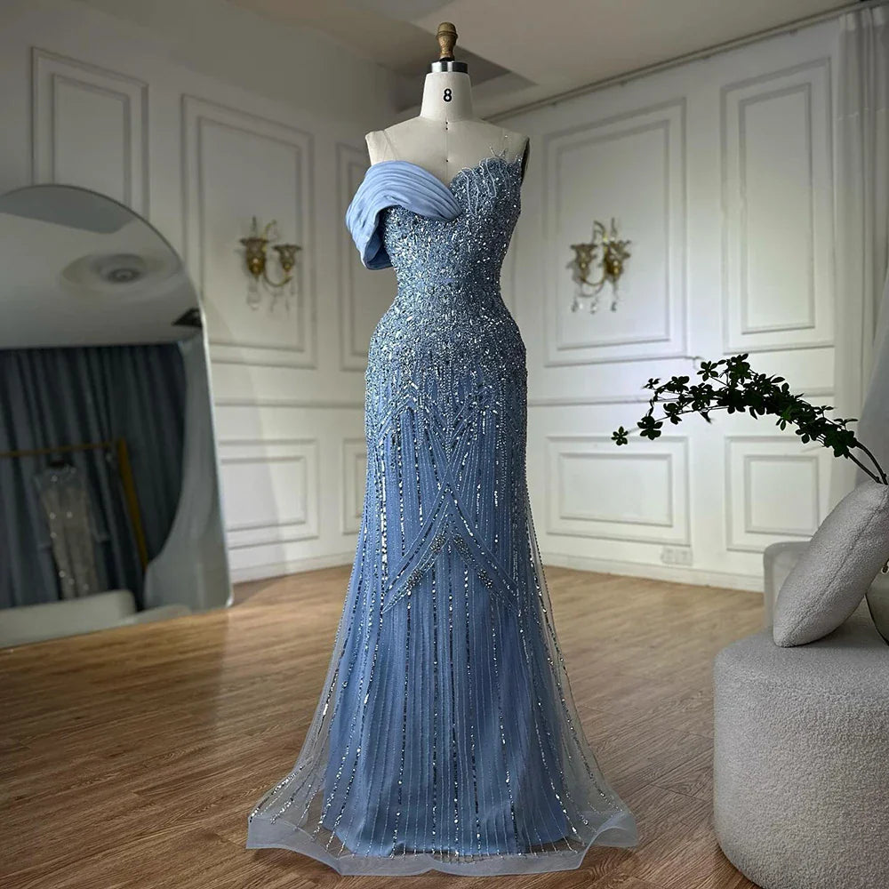 2025 Arabic Green Mermaid Elegant One Shoulder Beaded Long Evening Dresses Gowns for Formal Occasion LA72650