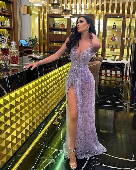 Tiefer V-Ausschnitt Pailletten Langes Abendkleid Sexy Ballkleid Y47