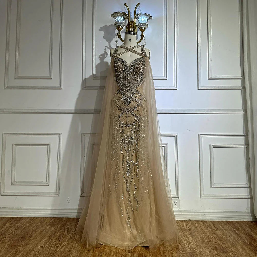 2025 Nude Cape Sleeves Beaded Crystal Arabic Evening Dresses Gowns For Women Wedding Party LA72806