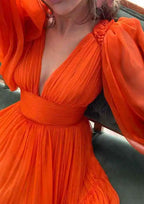 2025 Arabic Red A-Line Long Sleeve Floor-Length Chiffon Prom Dress with Pleats for Women's Party LA72688