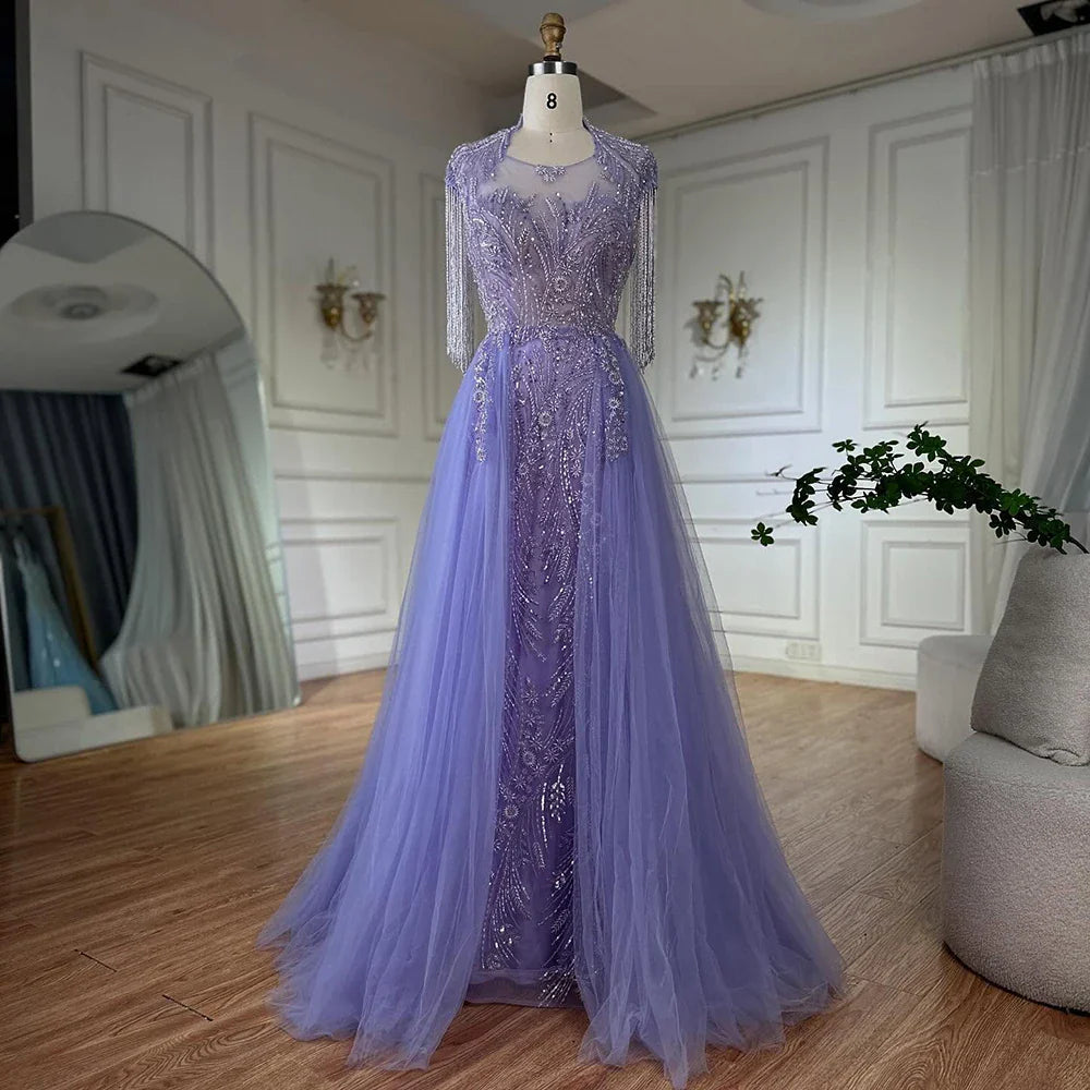 2025 Arabic lilac Elegant A Line Beaded Tassel Luxury Dubai Evening Dresses Gowns for Woman Wedding Party LA72422