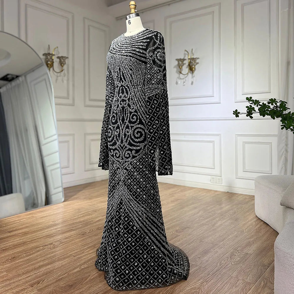 2025 Flared Sleeves Caramel Beaded Luxury Saudi Arabic Mermaid Evening Dresses Gowns for Formal Occasion LA72771