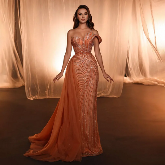 2025 Arabic Blue One Shoulder Luxury Dubai Evening Gown with Side Overskirt Beaded Dress for Women's Party LA72662