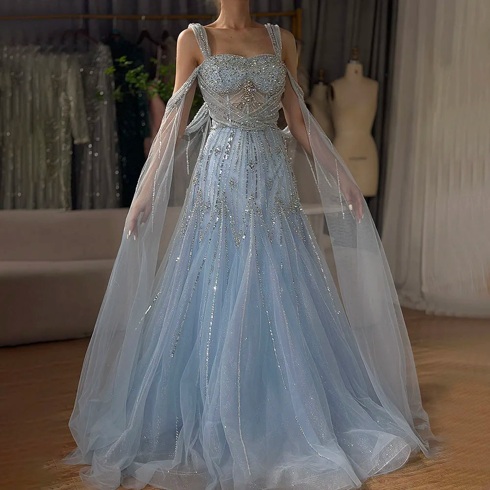 2025 pink Beaded Spaghetti Strap Design A-Line Evening Dresses Gowns with Cape Sleeves for Formal Occasion LA72726