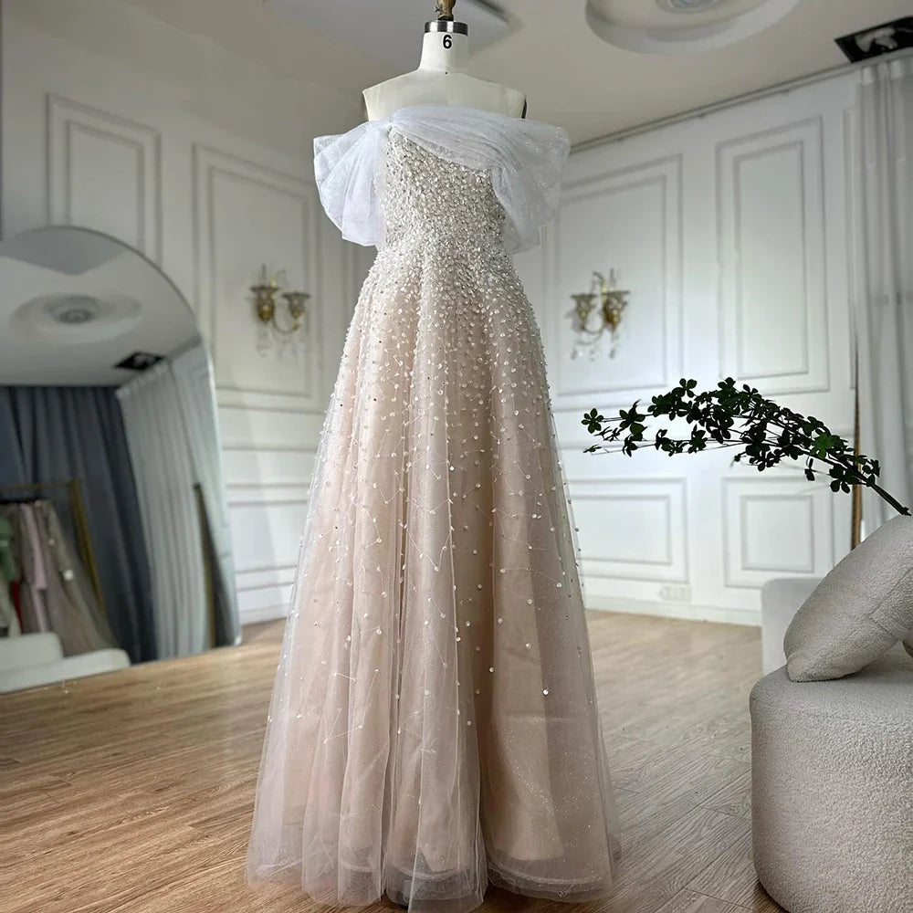 Vestido de noche largo azul árabe con hombros descubiertos y cuentas, elegante, corte A, para ocasiones formales, LA72009A