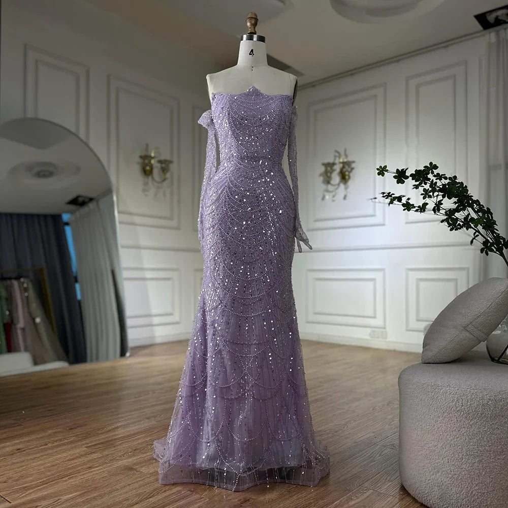 Luxury Pearls Green Mermaid Evening Dress with Gloves LA72352 Plush Size