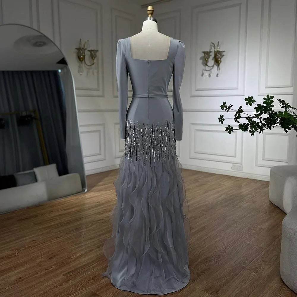 Elegante vestido de noche de satén con cuentas, estilo sirena, color gris árabe, largo hasta los tobillos, para mujer, fiesta 2025 LA72317 