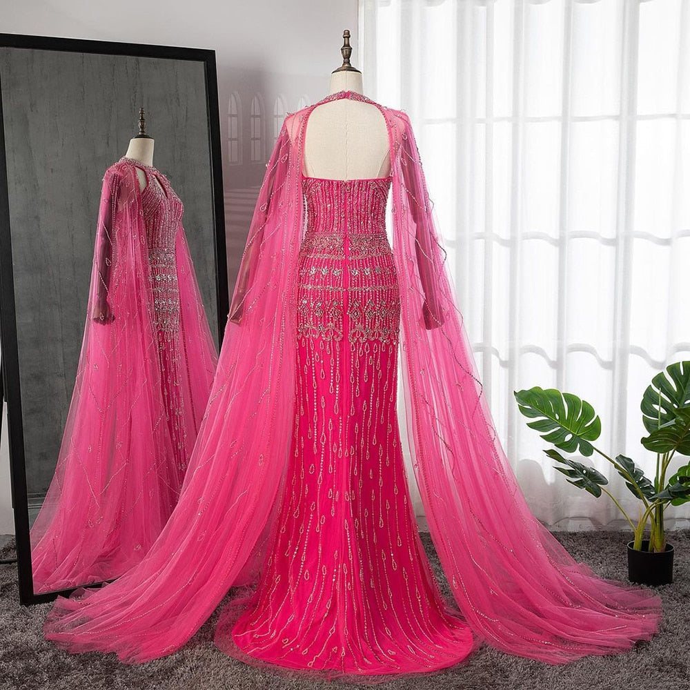 Luxuriöses Dubai Meerjungfrau-Abendkleid in Fuchsia mit Cape-Ärmeln LA71817
