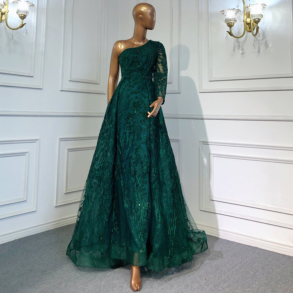 Vestidos de noche verdes de lujo con un solo hombro, elegantes vestidos de sirena con cuentas, sobrefalda para mujer, fiesta LA71607 
