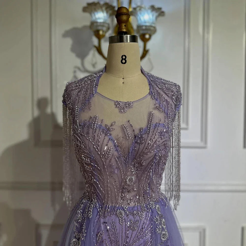 2025 Arabic lilac Elegant A Line Beaded Tassel Luxury Dubai Evening Dresses Gowns for Woman Wedding Party LA72422