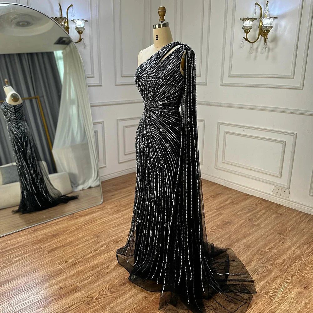 2025 Saudi Black High Split Mermaid One Shoulder Beaded Evening Dresses Gowns for Formal Occasion LA72829