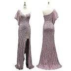 2025 Pink One Shoulder Beaded Mermaid Evening Dresses Gowns with High Split for Formal Occasion LA72821
