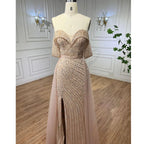 Nude Mermaid Elegant Mit Überrock Off Schulter Perlen Split Abendkleider Kleider Für Frau Party 2024 LA71728 