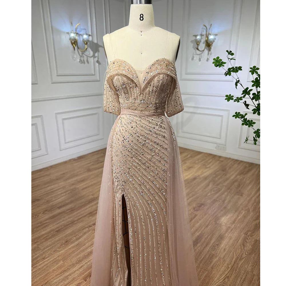 Nude Mermaid Elegant Mit Überrock Off Schulter Perlen Split Abendkleider Kleider Für Frau Party 2024 LA71728 
