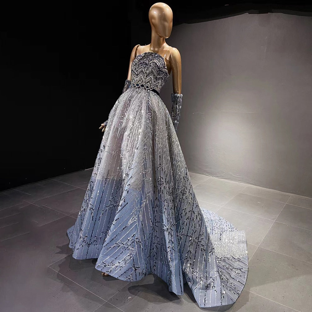 Vestidos de noche de lujo con cuentas azules, mangas desmontables, corte A, para mujer, fiesta, LA71506 