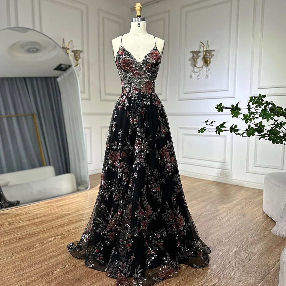 Vestido de fiesta de lujo con tirantes finos, corte A, negro y cuentas, para ocasiones formales, estilo árabe saudí LA72773 