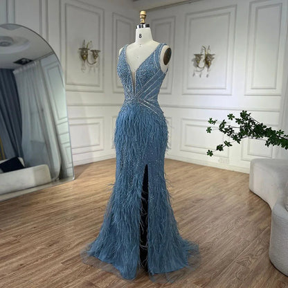 Vestido de noche dorado sexy de sirena con abertura alta, sin espalda, de lujo, con cuentas y plumas, 2025, para mujer, fiesta LA71583 