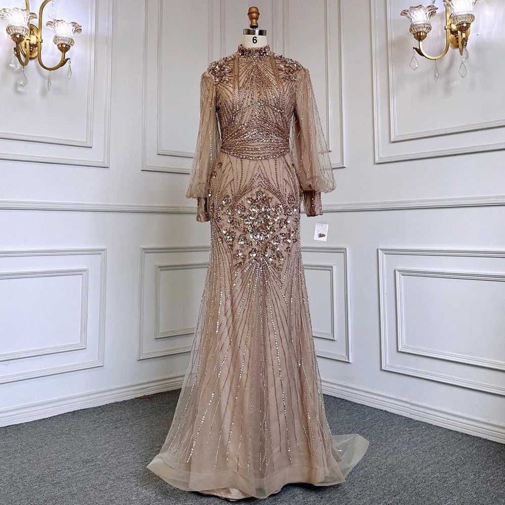 Vestido de noche de lujo con cuentas, corte sirena plateado, mangas largas LA71036 (En oferta, sin devolución ni reembolso)