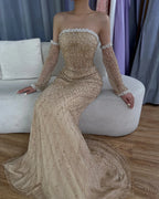 2025 Elegant White Nude Arabic Strapless Evening Gown Beaded Dress with Gloves for Formal Occasion LA72649