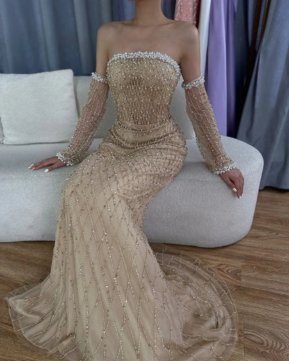2025 Elegant White Nude Arabic Strapless Evening Gown Beaded Dress with Gloves for Formal Occasion LA72649