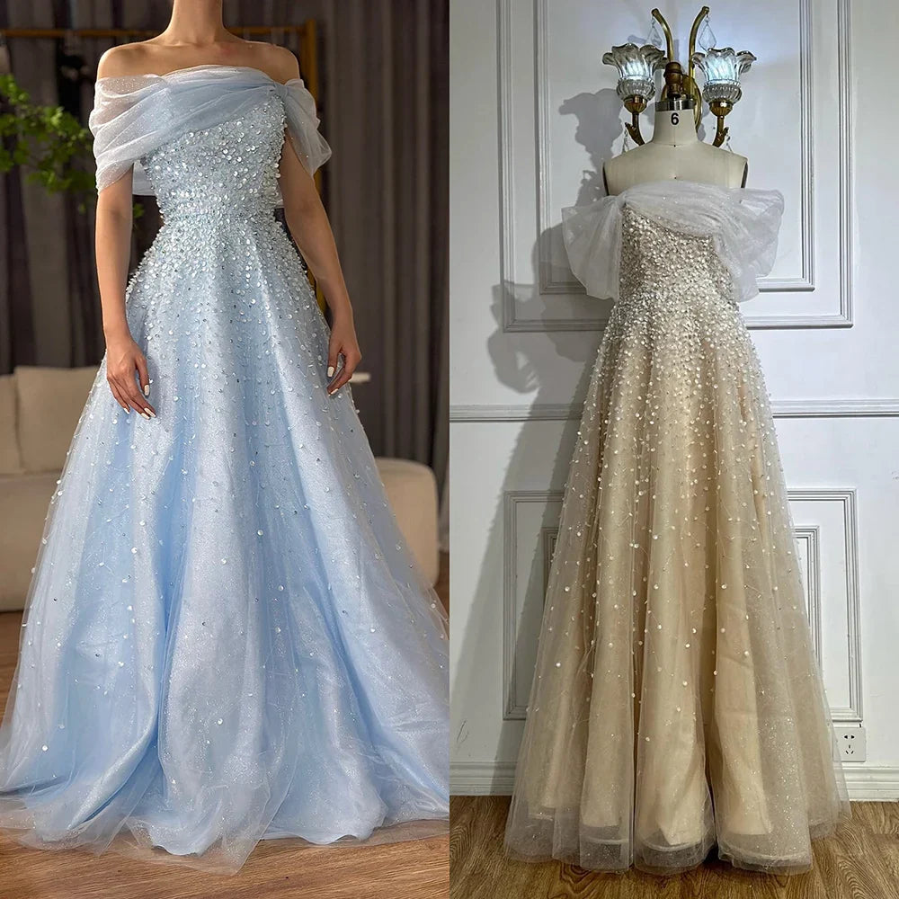 Vestido de noche largo azul árabe con hombros descubiertos y cuentas, elegante, corte A, para ocasiones formales, LA72009A